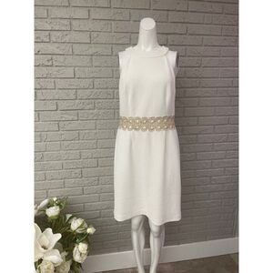 Vince Camuto Women Textured White/Gold Trim Sheath Halter Dress Size 10